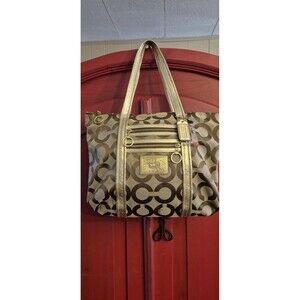 COACH 13826 Poppy  Gold Signature Monogram Logo Jacquard Glam Tote Carry-All EUC